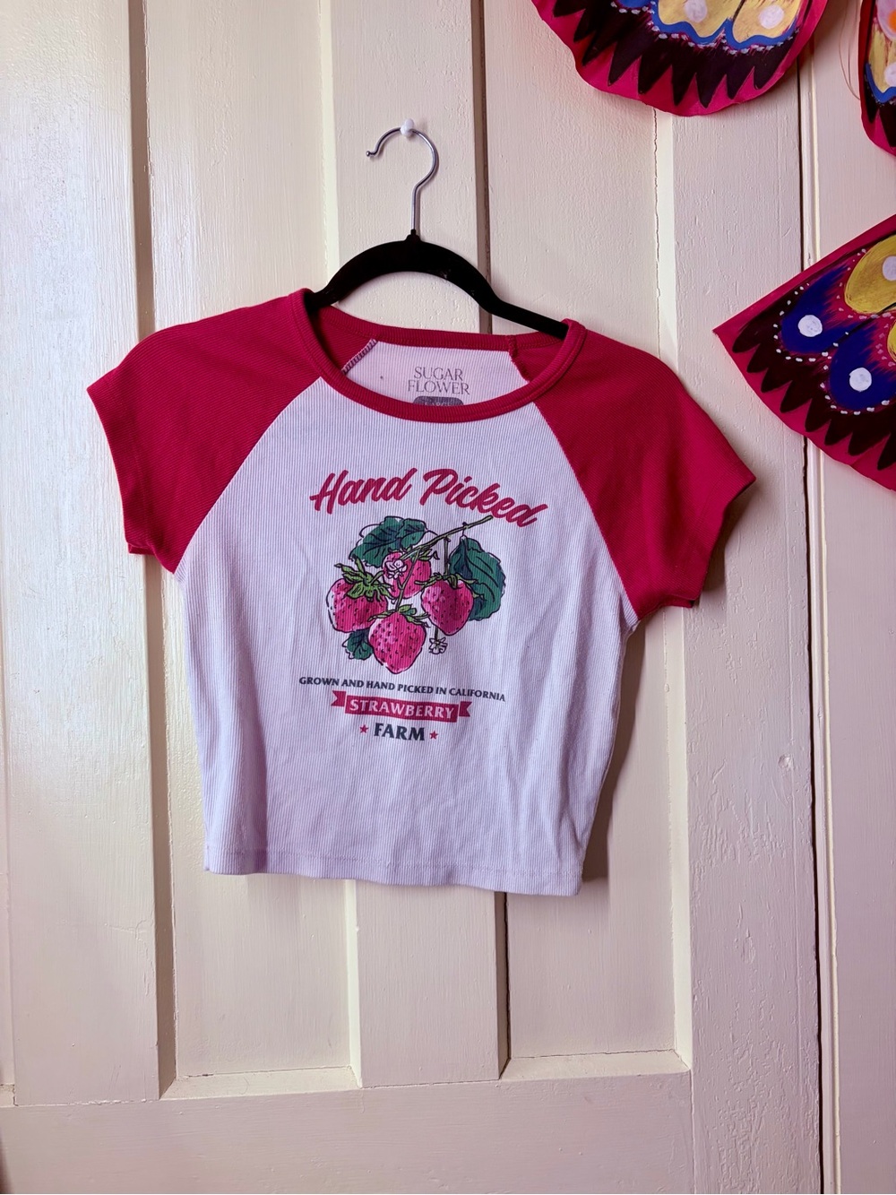 Sugar Flower Girls' Hand Picked Strawberry Raglan Tee - Pink & White